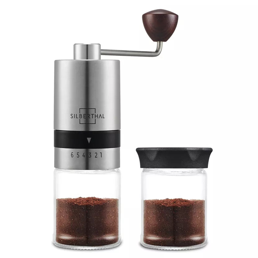 Handkaffeemühle Edelstahl & Glas mit Kegelmahlwerk – 6 Mahlgrade Kaffeemühle manuell