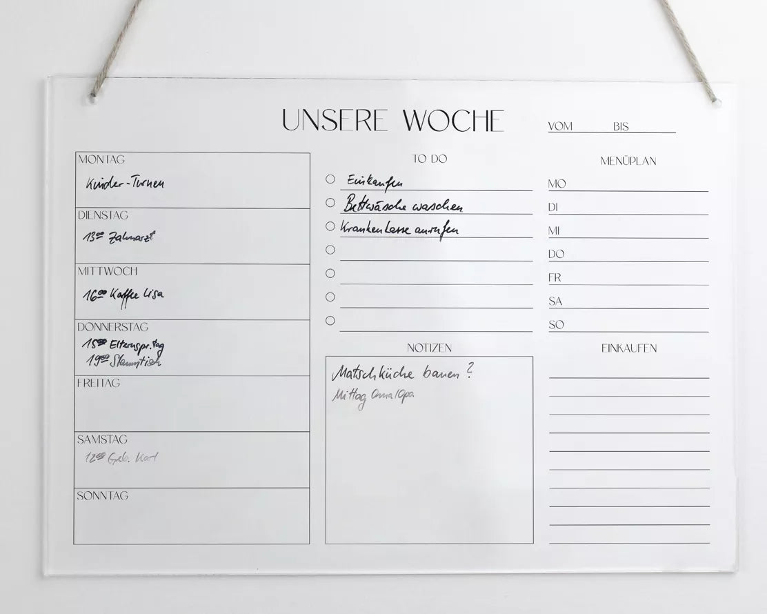 Wochenplaner Acryl DIN A4 – abwischbarer Wandplaner ohne Stift | To-Do-Liste, Menüplan & Einkaufsliste | Wandkalender aus Acrylglas