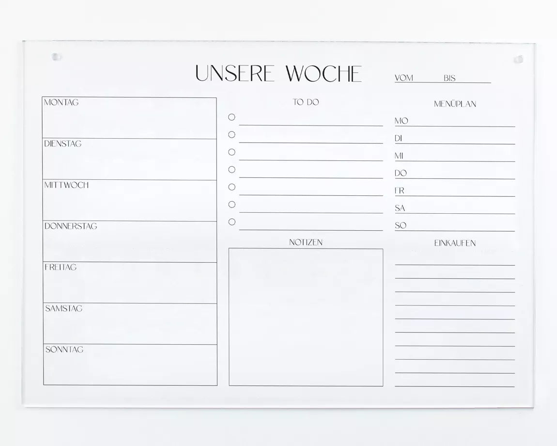Wochenplaner Acryl DIN A4 – abwischbarer Wandplaner ohne Stift | To-Do-Liste, Menüplan & Einkaufsliste | Wandkalender aus Acrylglas