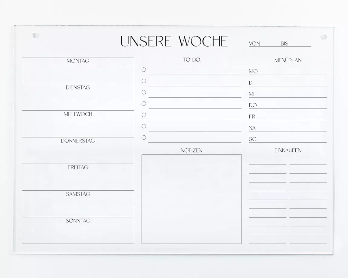Wochenplaner A3 Acryl ohne Stift | Wandplaner für die Woche abwischbar | Wandkalender | To Do Liste | Menüplaner | Wochenübersicht | Acrylglas