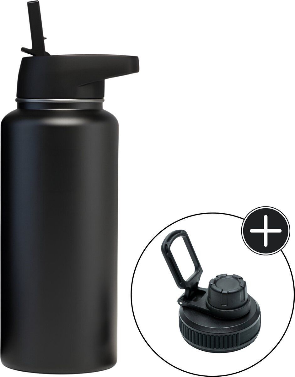 Edelstahl-Wasserflasche – mit Strohhalm – Schwarz