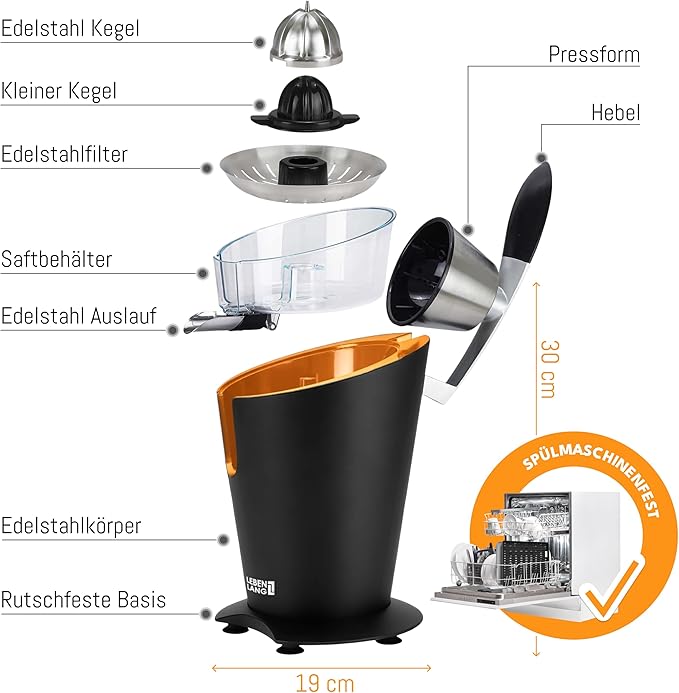 LEBENLANG Edelstahl Zitruspresse 600W – Kraftvoll, Leise & Sauber