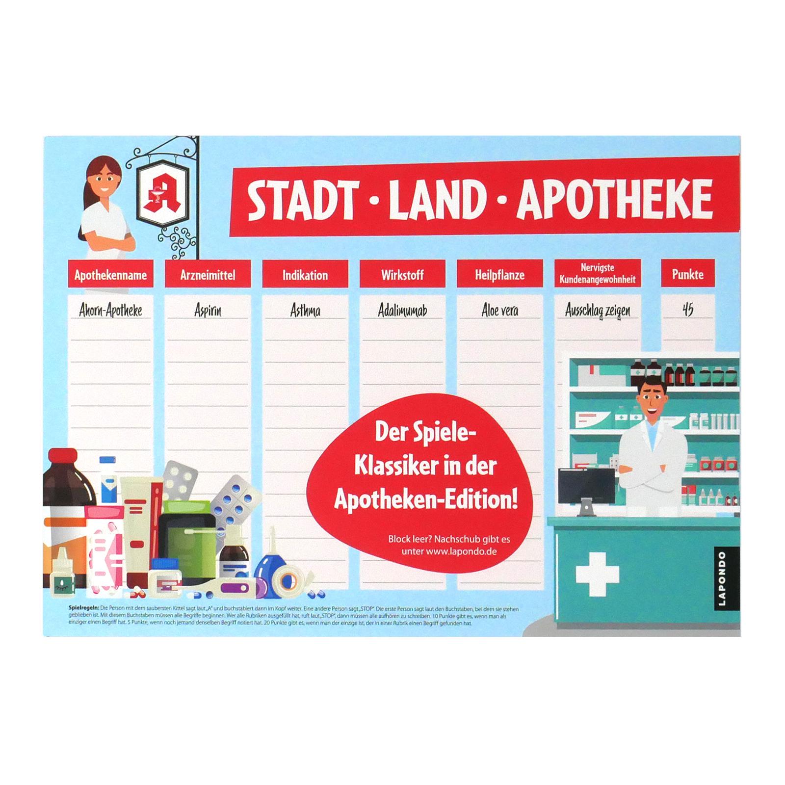 5er-Set Spielblock A4 "Stadt Land Apotheke", Gesellschaftsspiel-Spiele-LAPONDO-LAPONDO