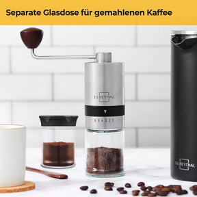 Handkaffeemühle Edelstahl & Glas mit Kegelmahlwerk – 6 Mahlgrade Kaffeemühle manuell