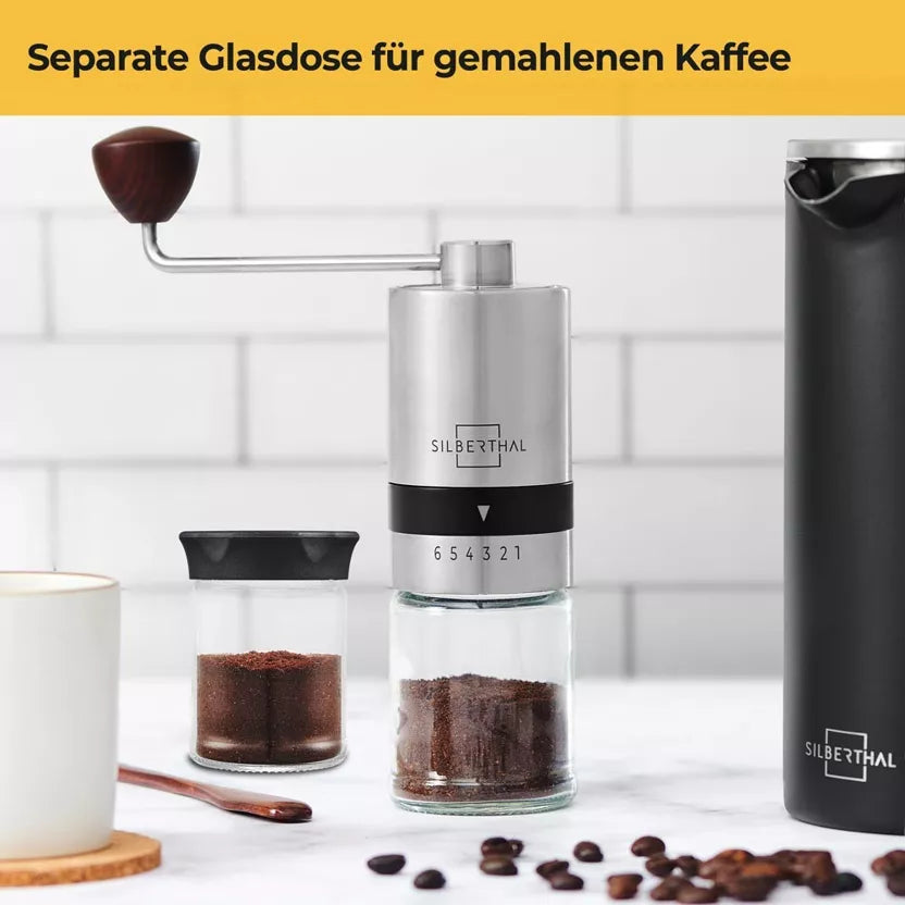 Handkaffeemühle Edelstahl & Glas mit Kegelmahlwerk – 6 Mahlgrade Kaffeemühle manuell