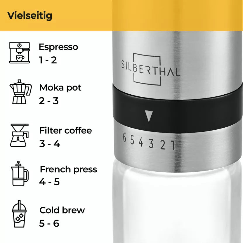 Handkaffeemühle Edelstahl & Glas mit Kegelmahlwerk – 6 Mahlgrade Kaffeemühle manuell