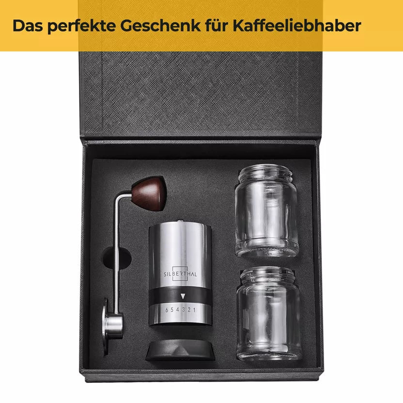 Handkaffeemühle Edelstahl & Glas mit Kegelmahlwerk – 6 Mahlgrade Kaffeemühle manuell