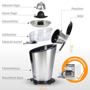 LEBENLANG Edelstahl-Optik Zitruspresse 600W  – Kraftvoll, Leise & Sauber