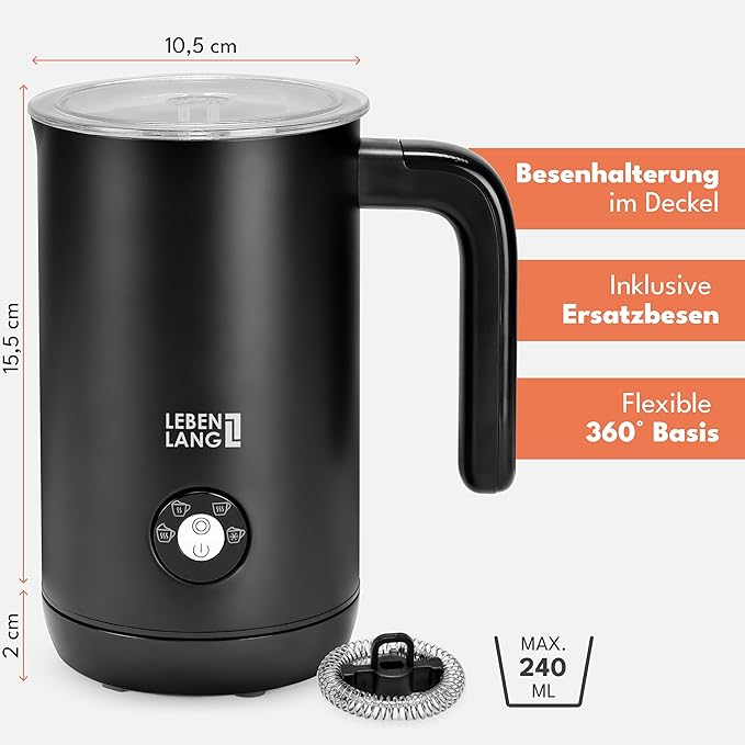 LEBENLANG Elektrischer Milchaufschäumer – perfekter Milchschaum auf Knopfdruck