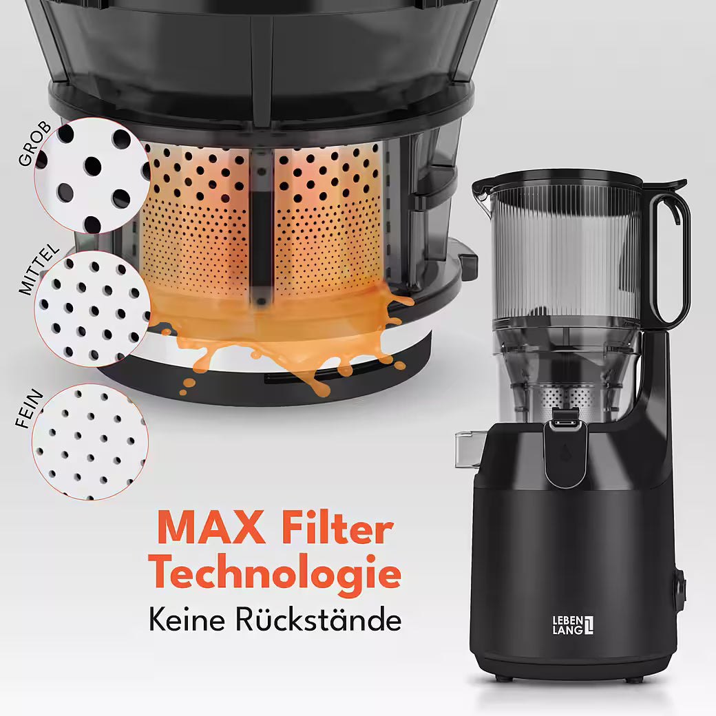 LEBENLANG Slow Juicer Entsafter – Kaltpress Entsafter mit 250W, 130 mm Einfüllöffnung & BPA-frei