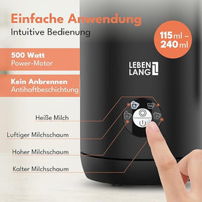 LEBENLANG Elektrischer Milchaufschäumer – perfekter Milchschaum auf Knopfdruck
