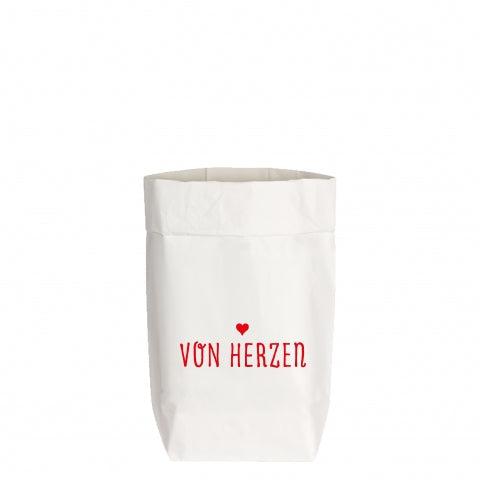 Handbedruckter Paper Bag in weiß, VON HERZEN-Haushalts-Ordnungshelfer-17;30 HAMBURG-LAPONDO